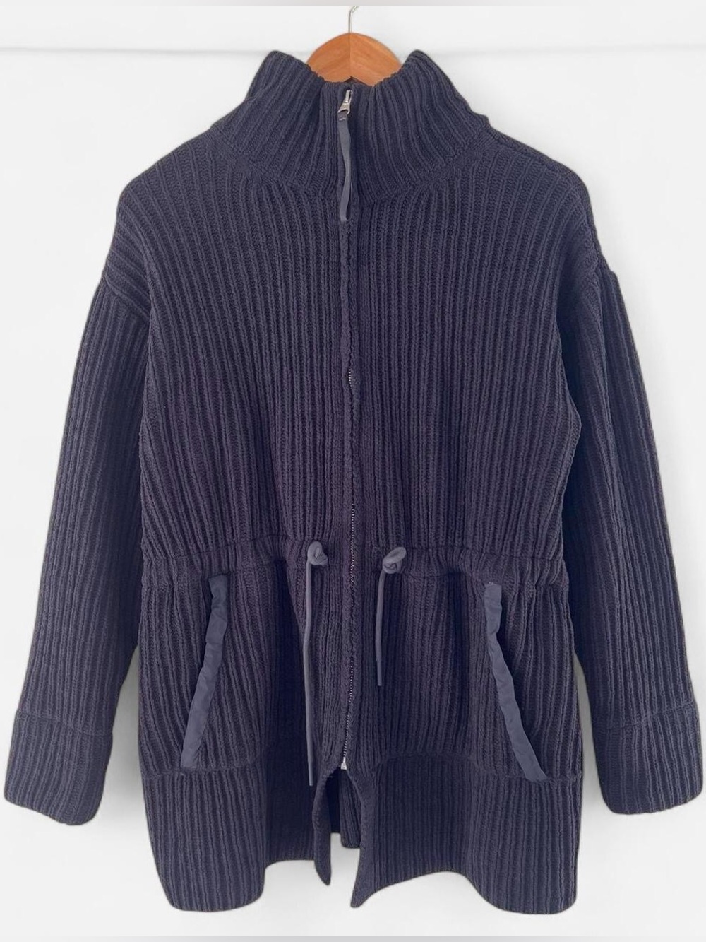 FLX Navy Blue Mock Neck Sweater Jacket Soft Knit Cozy Cinched Waist Womens Large